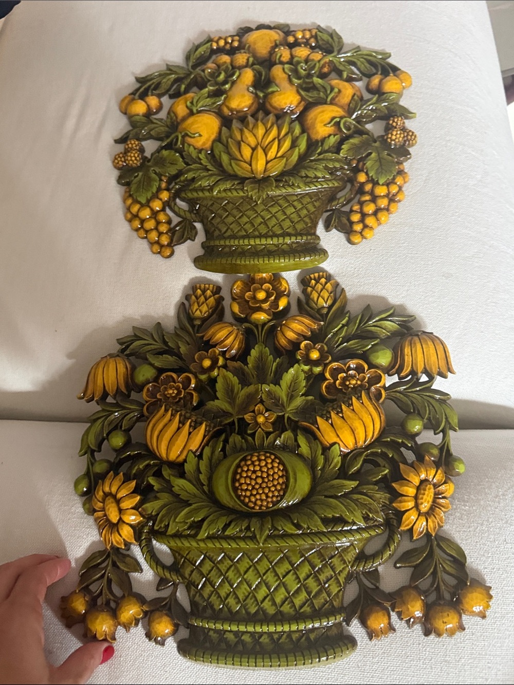 Syroco Olive Green and Golden Yellow  -Floral Wall Plaques (Pair)